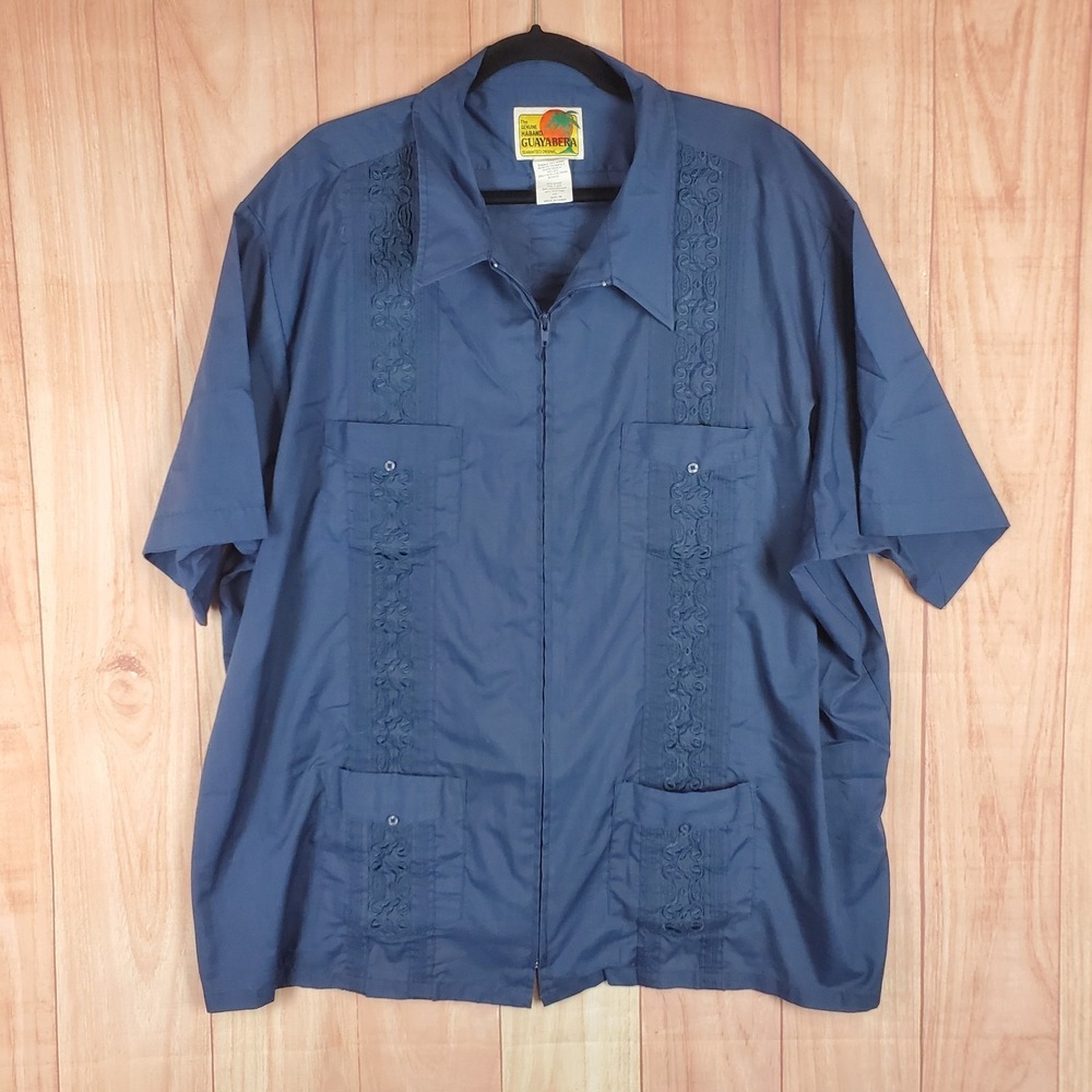 The Genuine Haband Guayabera Shirt Sz 3X Blue Floral Embroidered Full Zip